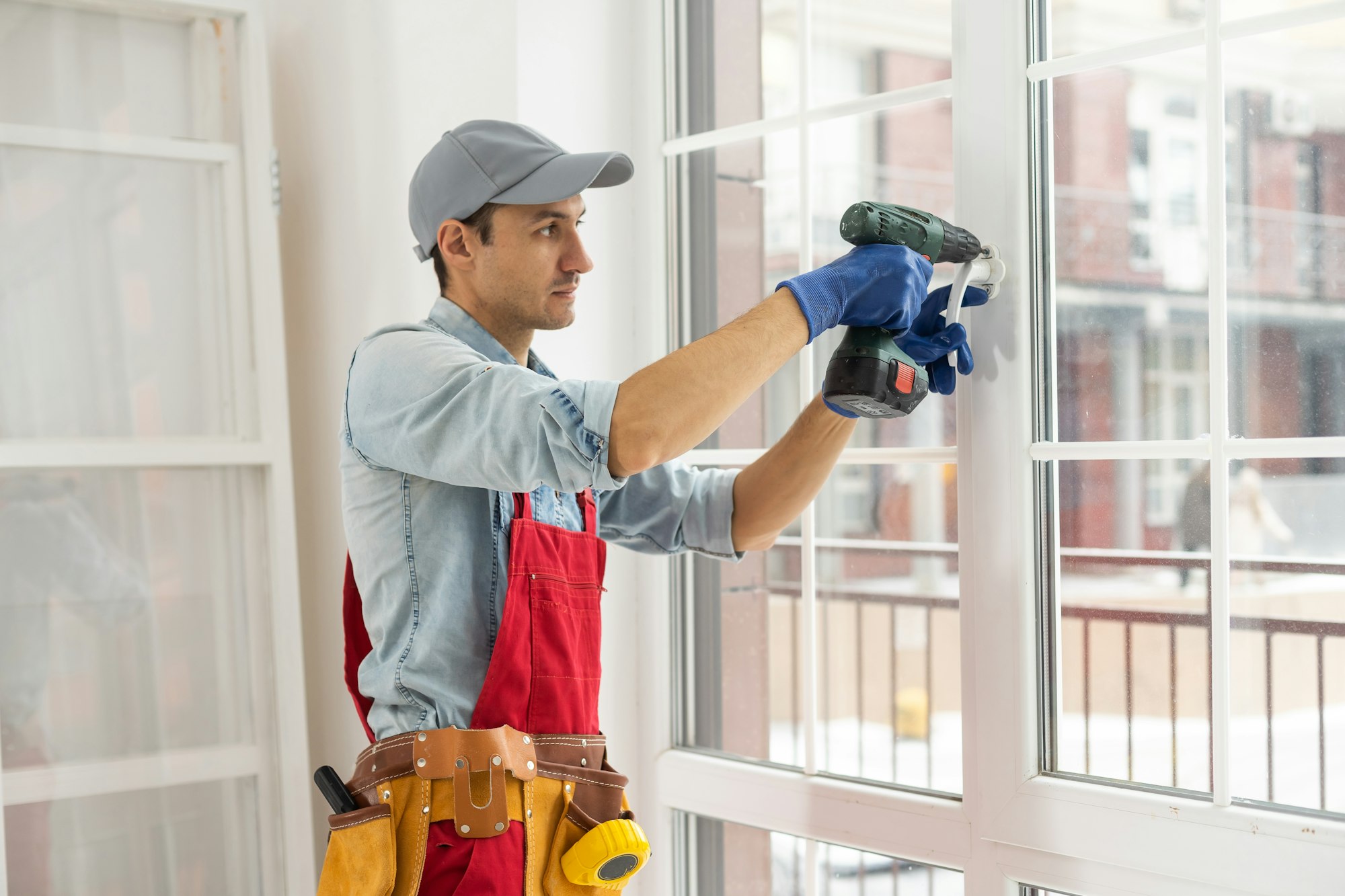 A man straightens a plastic window or door with a screwdriver.